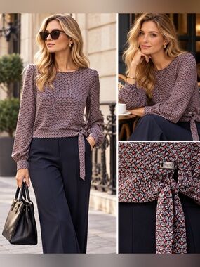 Mexx Burgundy and Navy Printed Tie-Waist Blouse